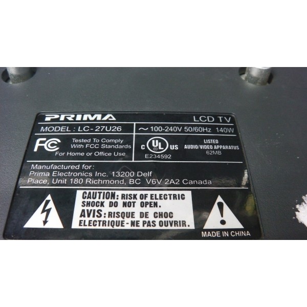 Prima Model Lc PRIMA POWER SUPPLY 782.L27W18-200D / LC-27U26 - ALFA ELECTRONIQUE